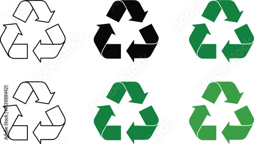 Collection of Six Recycling Symbols in Black Outline, Solid Black, and Green recycle reuse