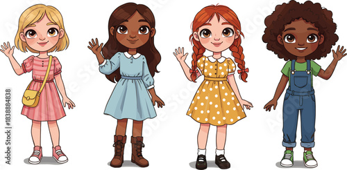 Diverse group of cartoon girls waving hello on white background Keywords: girls, children, cartoon, diverse, multicultural