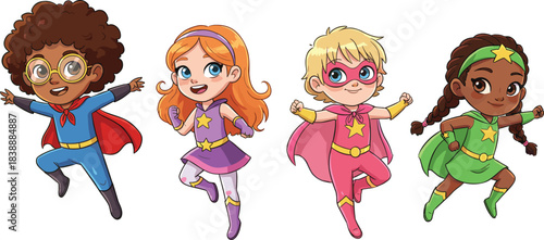 Diverse Group Of Four Children Dressed As Superheroes With Capes And Masks Keywords: children, kids, superheroes, superhero