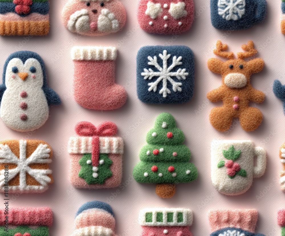 Fototapeta premium Row of Christmas cookies with a tree and a penguin