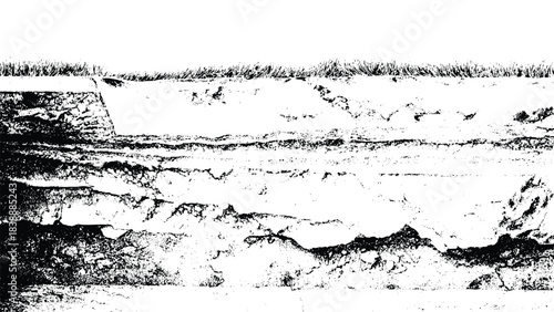 black and white land cross-section grunge texture, grass on top of layered rock, distressed earth strata overlay