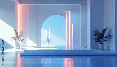 Minimalist Interior with Archway and Neon Lights.
