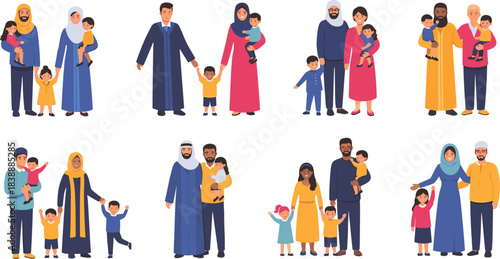 Diverse Muslim families with children in traditional and modern clothing on white background Keywords: Muslim family, Islamic