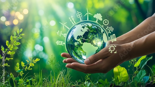 Hands holding eco earth sphere with green sustainability icons
