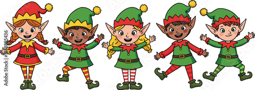Five Diverse Cartoon Christmas Elves Wearing Festive Outfits and Hats holiday santa