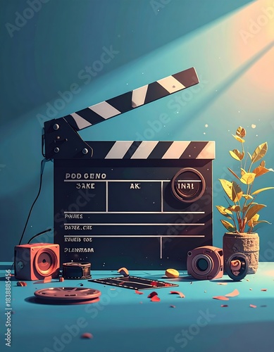 Movie Clapperboard and Film Production Elements on a Vibrant Blue Background.