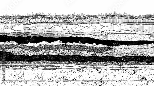 Black and white line drawing of a cross section view trough different types of soil layers in the ground for cad architecture