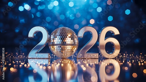 Shiny new year 2026 celebration with disco ball and glowing festive lights
