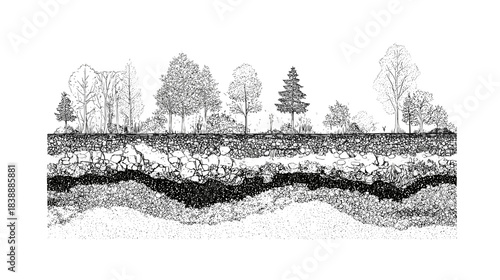 Black and white line drawing of a cross section view trough different types of soil layers in the ground for cad architecture