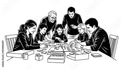 Multigenerational Family Playing Board Games Silhouette Line Art with Adults and Children Gathered Around