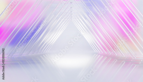 Fototapeta Naklejka Na Ścianę i Meble -  3d glass triangle tunnel perspective with rainbow light effect. Pastel blue pink corridor with transparent walls and white floor. Architecture background, abstract futuristic portal. 3D illustration
