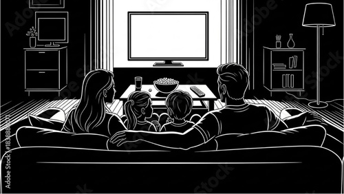 Family Enjoying Movie Night Silhouette Line Art in Cozy Living Room