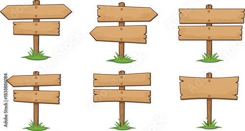 Set Of Six Wooden Signposts With Grass And White Background directional sign arrow sign
