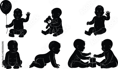 Silhouette Collection of Babies Playing and Interacting Keywords: baby, silhouette, infant, child, playing, teddy bear, balloon