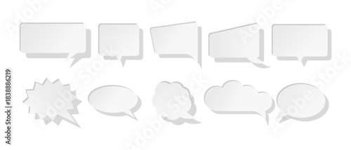 Speech bubble icon set with chat balloons in different shapes and shadows, message and dialogue symbols – vector 