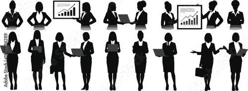 Silhouettes Of Businesswomen In Various Poses With Laptops And Charts businesswoman woman