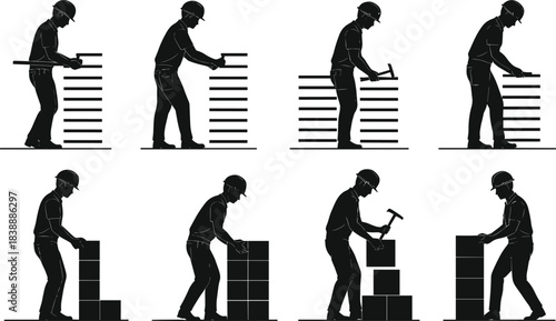 Silhouette Of Construction Worker Building With Bricks And Hammer Keywords: construction, worker, builder, silhouette
