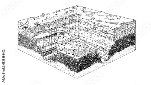 Black and white line drawing of a cross section view trough different types of soil layers in the ground for cad architecture