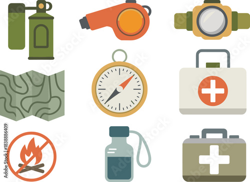 Camping and survival gear icon set featuring compass, map, whistle, first aid kits, no fire sign, travel essentials for outdoor adventure