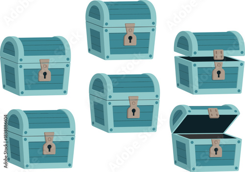 Cartoon treasure chest icon set featuring closed and open pirate chests, wooden storage boxes, fantasy loot containers for game design