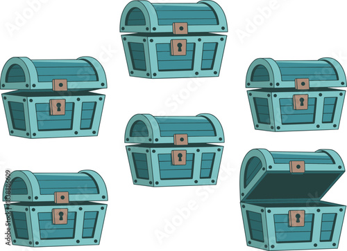 Cartoon treasure chest icon set featuring closed and open pirate chests, wooden storage boxes, fantasy loot containers for game design