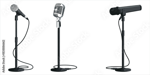 Three Microphones on Stands Vintage Modern and Contemporary Styles Keywords: microphone, microphones, stand, microphone stand