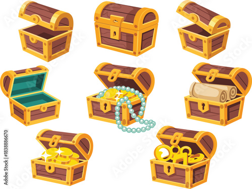 Cartoon treasure chest set featuring open and closed pirate chests filled with gold coins, jewels, scrolls, fantasy loot for game design