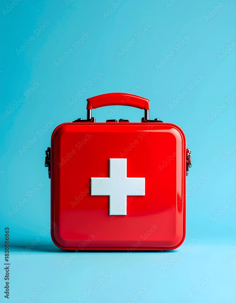 Fototapeta premium Red First Aid Kit with White Cross on Blue Background.