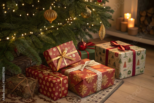 Christmas Gifts Under the Tree,Cozy Holiday Gift Scene,Warm Christmas Lights and Presents,christmas, christmas gifts, festive scene, holiday presents, christmas tree, wrapped gifts, gift boxes, 