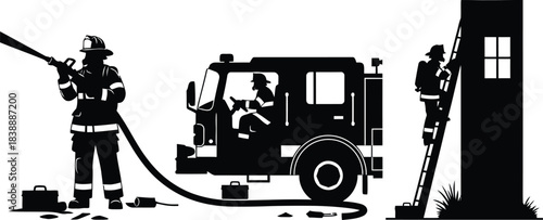 Firefighters in Action with Fire Truck and Ladder Silhouette