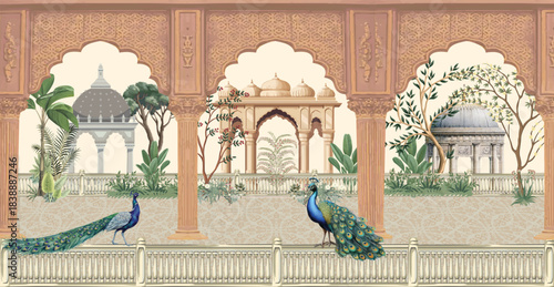 Traditional Mughal decorative garden with arch, ornate parasol, peacocks, trees, lotus flowers, and palace illustration, royal wedding invitation background.