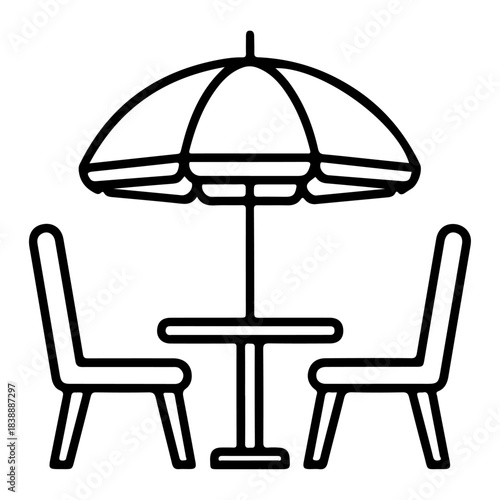 Minimalist line art illustration depicting an inviting outdoor cafe setup with a shaded umbrella, a small round table, and two comfortable chairs, symbolizing relaxation and hospitality