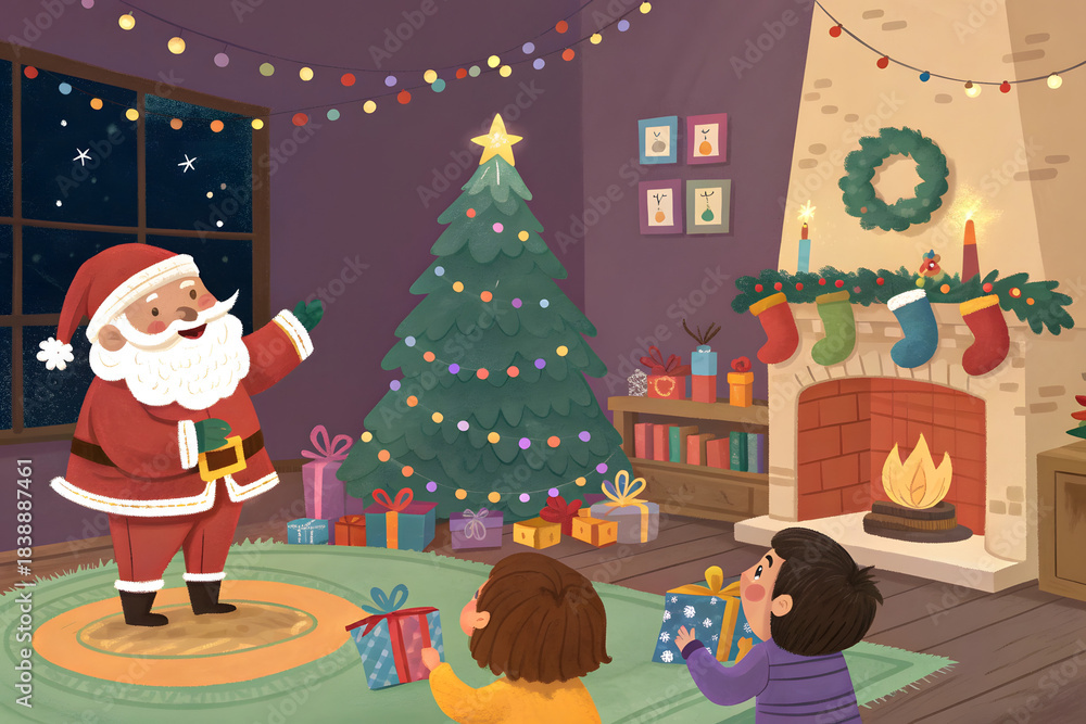 Fototapeta premium Festive Cartoon Santa Scene with Tree and Gifts,Cute Cartoon Christmas Living Room with Santa & Kids,christmas, santa, tree, holiday, illustration, snowman, winter, snow, vector, claus, xmas, santa