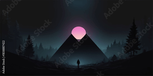 Silhouette of a woman in a nature landscape against an orange sky sunset with mountains and clouds