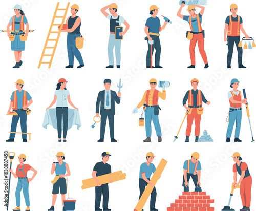 Construction workers and builders set, diverse professionals with tools, equipment, safety gear, engineering roles, flat vector illustrations for industry themes