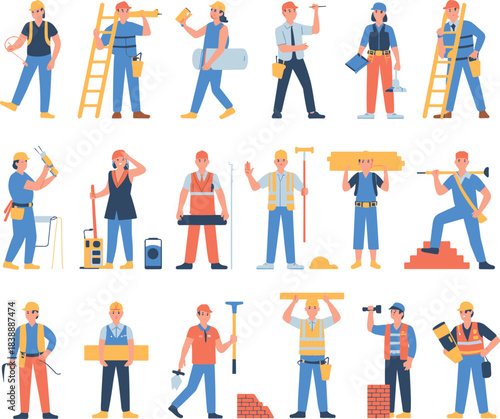 Construction workers and builders set, diverse professionals with tools, equipment, safety gear, engineering roles, flat vector illustrations for industry themes