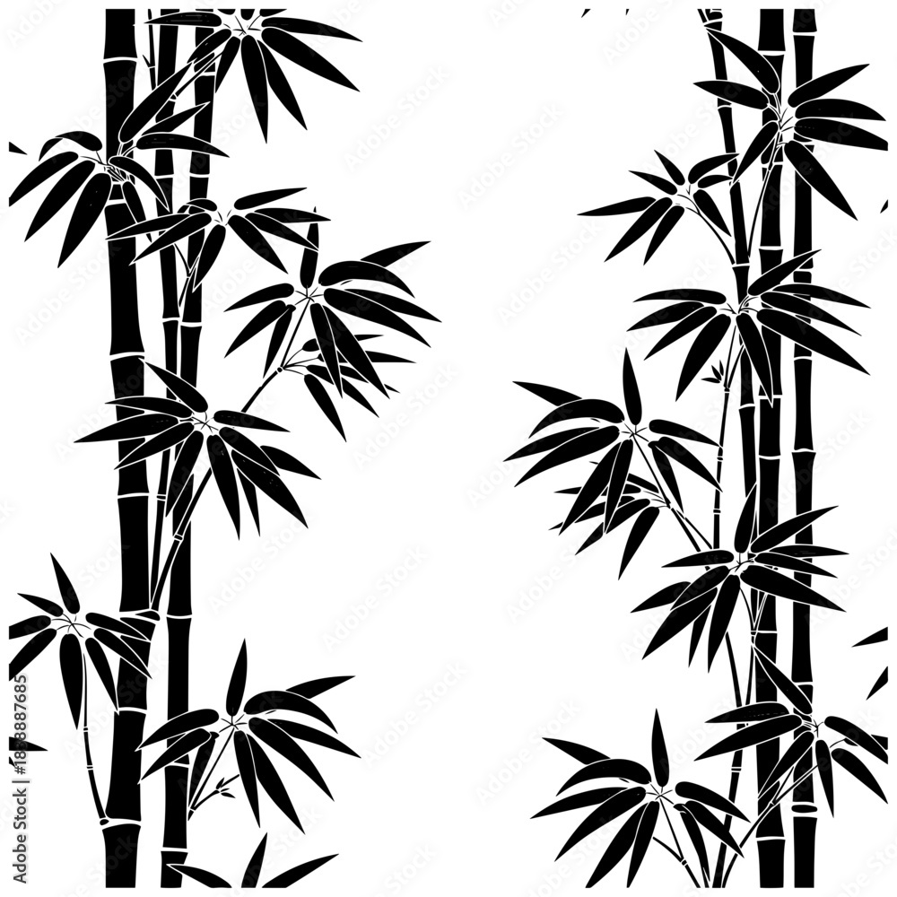 Fototapeta premium Vertical bamboo stems with layered leaf clusters rendered in bold ink, capturing the calm atmosphere and simplicity of traditional Zen brush illustration style