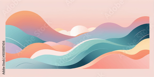 Colorful abstract wave background illustration of a blue ocean and orange summer sunset sky with mountains