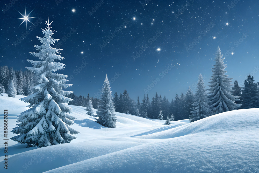 Obraz premium Peaceful Snowy Winter Night Landscape,Starry Blue Sky Winter Forest Background,
