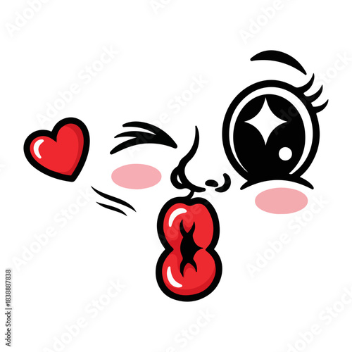 Cute Cartoon Face Blowing Kiss with Exaggerated Features, Vector Illustration
