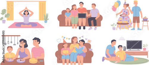 Family lifestyle illustration set, parents and children doing activities together, reading, celebrating, cooking, yoga, quality time, happy home moments artwork