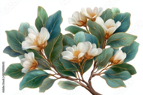 Stylized painting of white magnolia blossoms with teal and green foliage outlined in gold