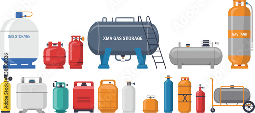 Industrial gas cylinders and storage tanks set, flat vector collection of propane, LPG, fuel containers, pressure vessels, safety equipment illustrations