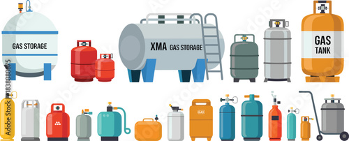 Industrial gas cylinders and storage tanks set, flat vector collection of propane, LPG, fuel containers, pressure vessels, safety equipment illustrations