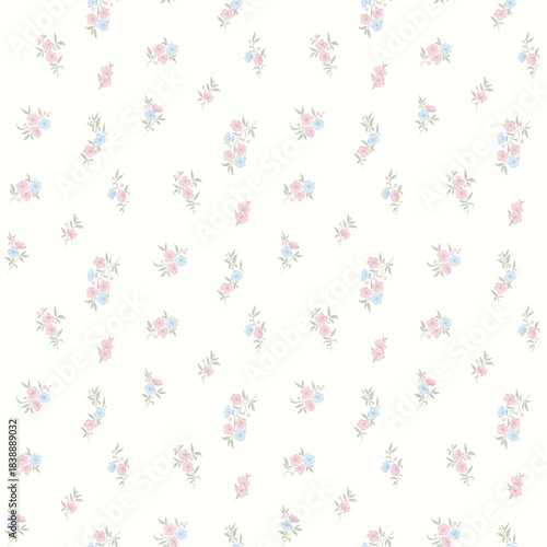 Flower pattern, floral seamless pattern, cottagecore ditsy tile print, sakura flower on light background. Small blue pink flower blossom, sweet tone design for fashion, texture, fabric, wallpaper