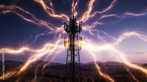Cell Tower Surrounded by Mystical Glowing Energy with Stars and Landscape at Twilight