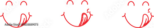 three instances of a hand-drawn doodle or icon depicting a face with a tongue licking its lips, commonly known as a "lip-licking" or "yum" emoji.
