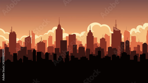 A vibrant cityscape silhouette against a warm, hazy sunset sky filled with soft clouds.