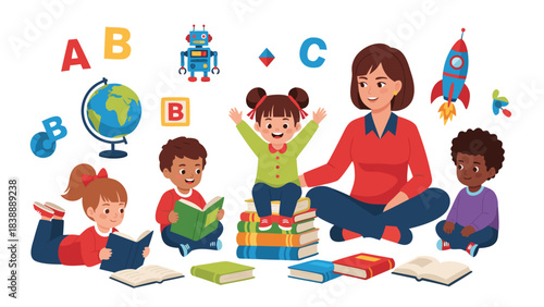 A diverse group of happy children and a teacher learning together with books, a globe, and educational toys.