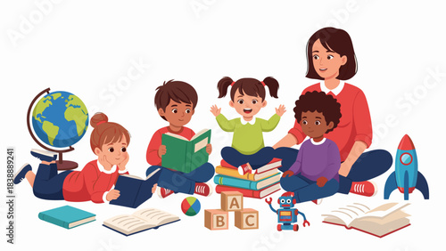 A diverse group of happy children and a teacher learning together with books, a globe, and toys in a classroom setting.